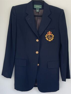 Lauren Ralph Lauren Womens Wool Blend Navy Blazer with Gold Crest 10